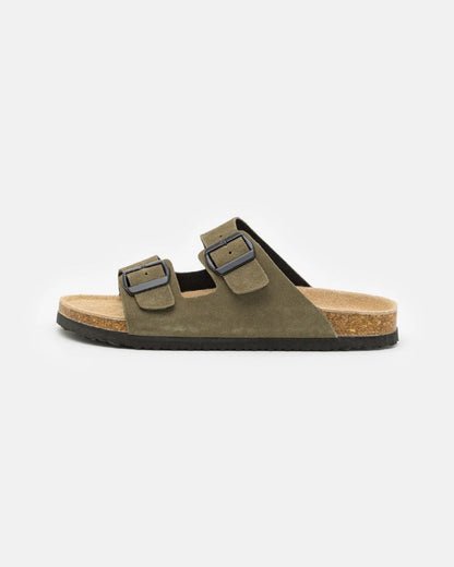 Double-Buckle Suede Sandals - Olive